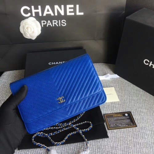 Chanel WOC Flap Bolso de hombro Piel de becerro azul A33814 Plata
