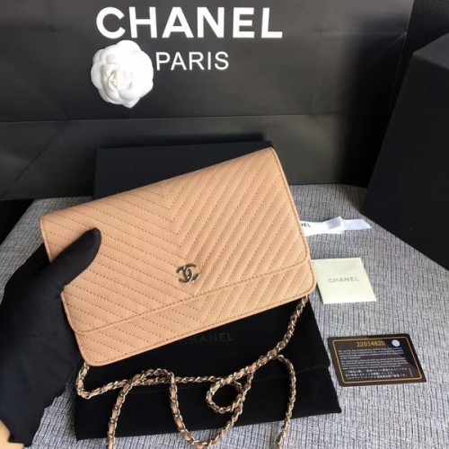 Chanel WOC Bolso de hombro con solapa Camel Piel de becerro A33814 Plata