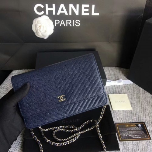 Chanel WOC Bolso de hombro con solapa Piel de becerro azul oscuro A33814 Plata
