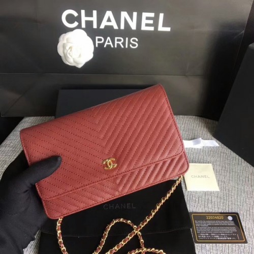 Chanel WOC Bolso de hombro con solapa Piel de becerro rojo oscuro A33814 Oro