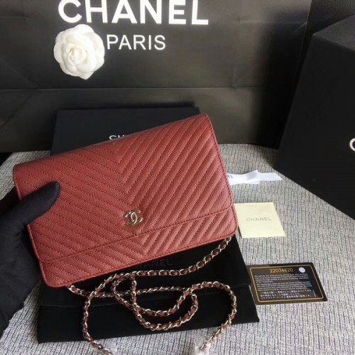 Chanel WOC Bolso de hombro con solapa Piel de becerro rojo oscuro A33814 Plata