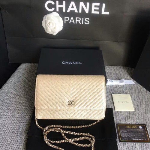 Chanel WOC Bolso de hombro con solapa Oro Piel de becerro A33814 Plata