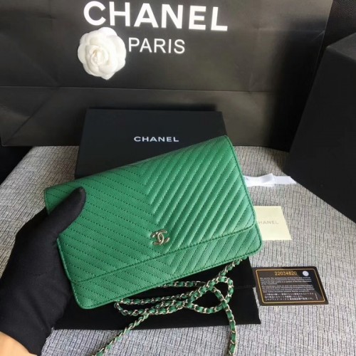 Chanel WOC Bolso de hombro con solapa Verde Piel de becerro A33814 Plata