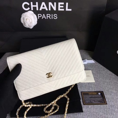 Chanel WOC Flap Shoulder Bag Offwhite Piel de becerro A33814 Oro