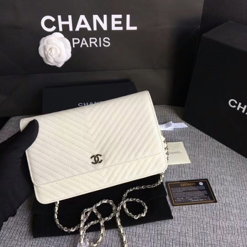 Chanel WOC Flap Shoulder Bag Offwhite Piel de becerro A33814 Plata