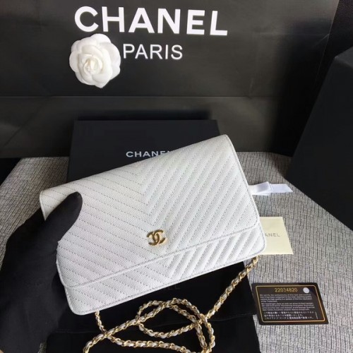 Chanel WOC Bolso de hombro con solapa Piel de becerro blanca A33814 Oro