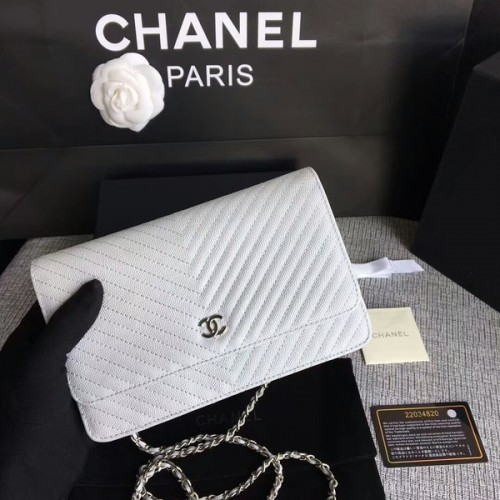 Chanel WOC Bolso de hombro con solapa Piel de becerro blanca A33814 Plata