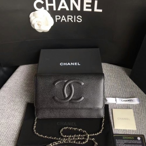 Chanel WOC Original Piel de becerro Bolso de hombro negro 33814 Plata