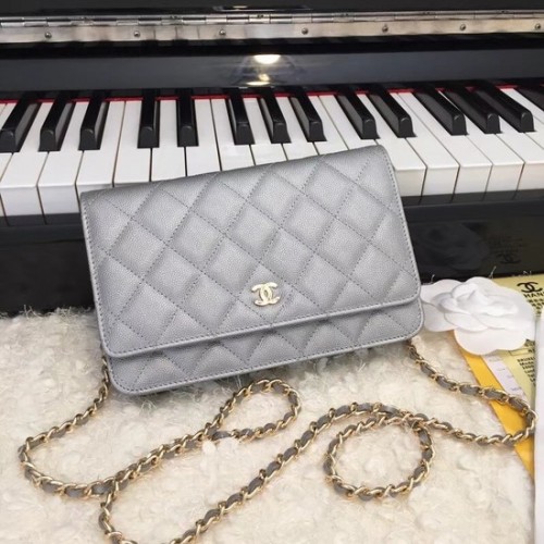 Bolso bandolera Chanel WOC Original Caviar Leather Flap CF33814 Gris plateado Cadena dorada