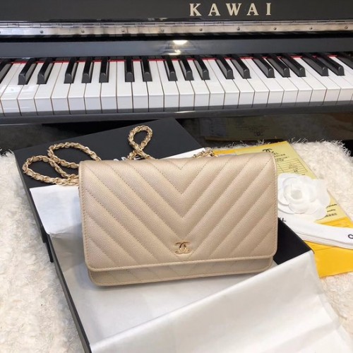 Chanel WOC Original Caviar Leather Flap bandolera V33814 Oro Cadena de oro