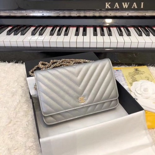 Bolso bandolera Chanel WOC Original Caviar Leather Flap V33814 Cadena de oro gris plata