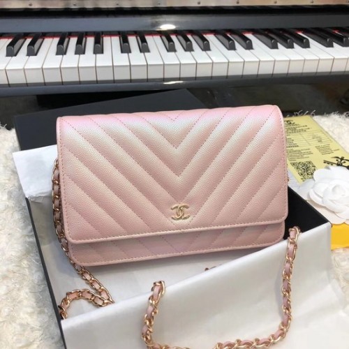 Bolso bandolera Chanel WOC Original Caviar Leather Flap V33814 cadena de oro rosa