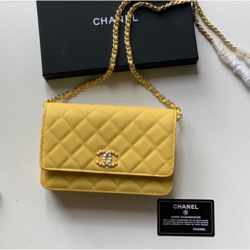 Bolso bandolera Chanel WOC Original Caviar Leather Flap V33818 Amarillo