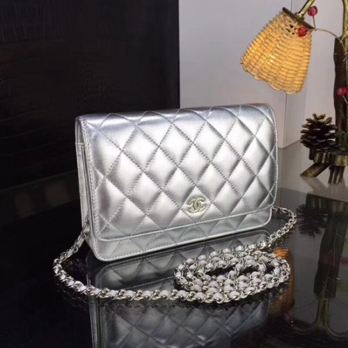 Bolso bandolera Chanel WOC Original Sheepskin Leather Flap CF33814 Plata Cadena plateada