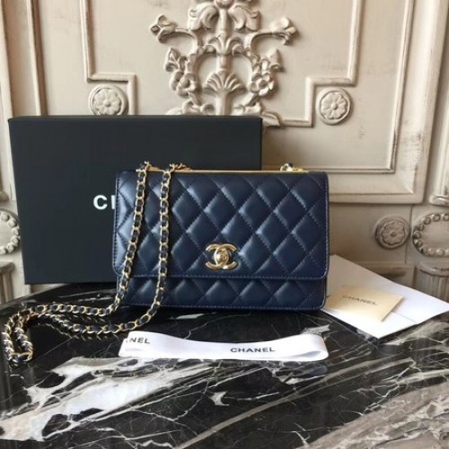 Bolso de hombro Chanel WOC Original de piel de oveja D33814 Azul