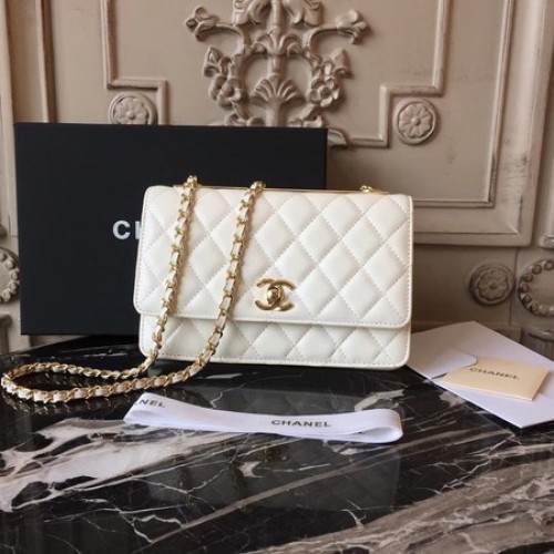 Bolso de hombro Chanel WOC Original de piel de oveja D33814 Blanquecino