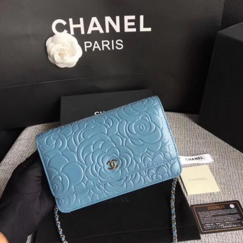 Chanel WOC Skyblue Camellia Leather mini Flap Bag A33814 Plata