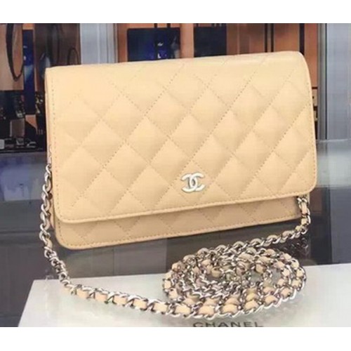 Chanel WOC mini Flap Bag Apricot Sheepskin A5373 Plata