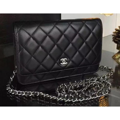 Chanel WOC mini Bolso con solapa Piel de oveja negra A5373 Plata