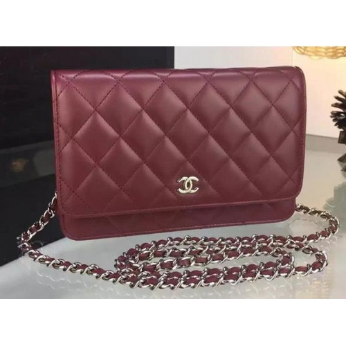 Chanel WOC mini bolso con solapa Borgoña piel de oveja A5373 Plata