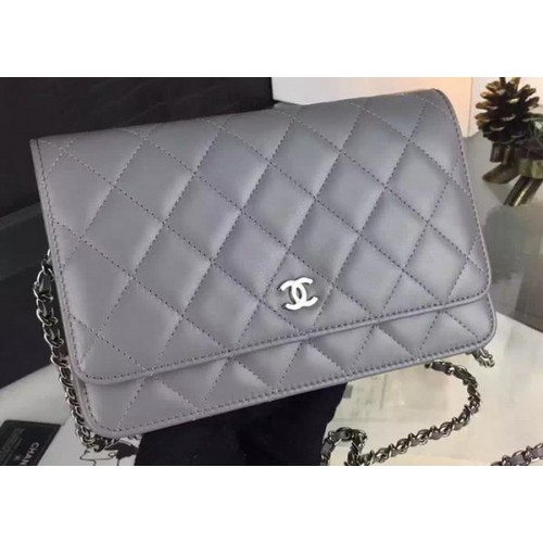 Chanel WOC mini Bolso con solapa Piel de oveja gris A5373 Plata