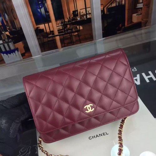 Chanel WOC mini bolso con solapa Original piel de cordero A5373 Borgoña