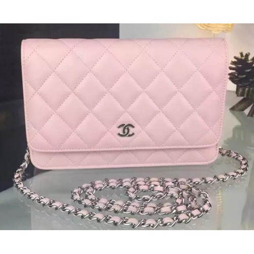 Chanel WOC mini Bolso con solapa Piel de oveja rosa A5373 Plata