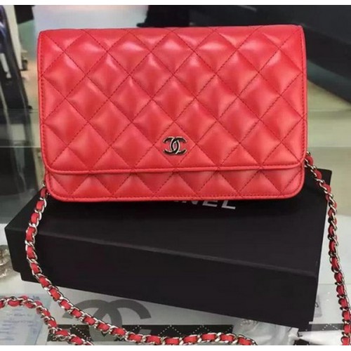 Chanel WOC mini Bolso con solapa Piel de oveja roja A5373 Plata
