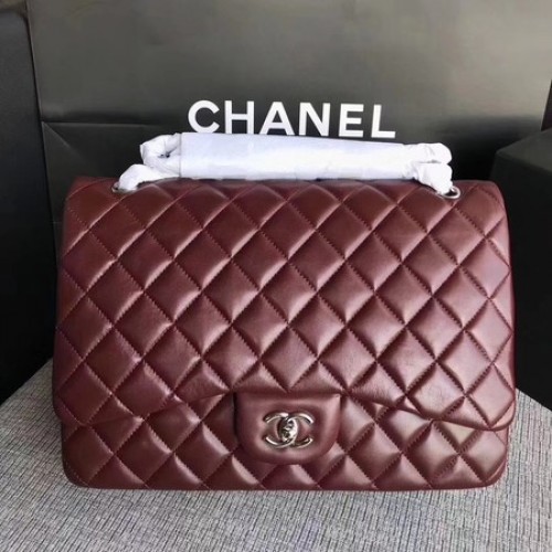 Chanel Maxi Quilted Classic Flap Bolso Vino Piel de oveja Cuero A58601 Plata