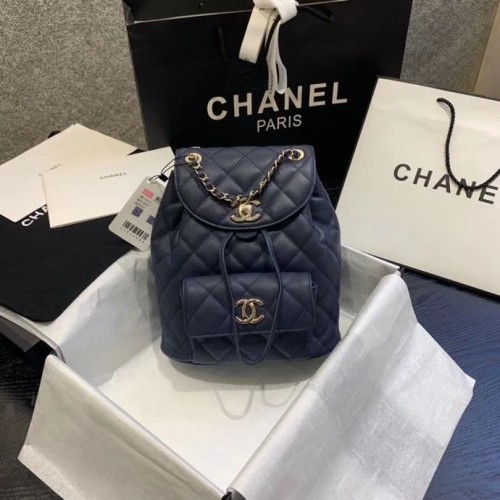 Mochila Chanel Piel de becerro granulada Metal dorado AS1371 Azul marino
