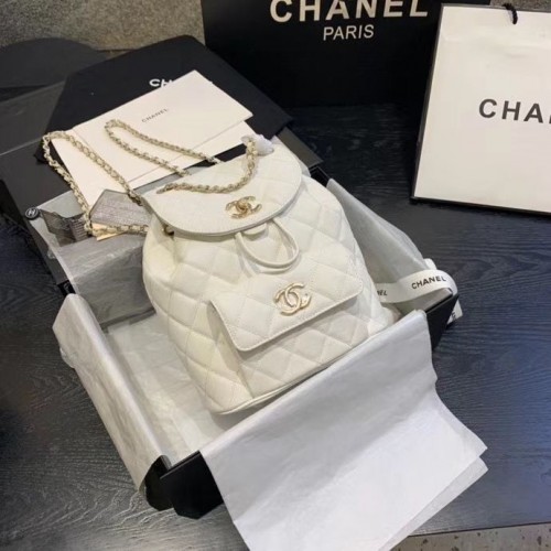 Mochila Chanel Piel de becerro granulada Metal dorado AS1371 Blanco