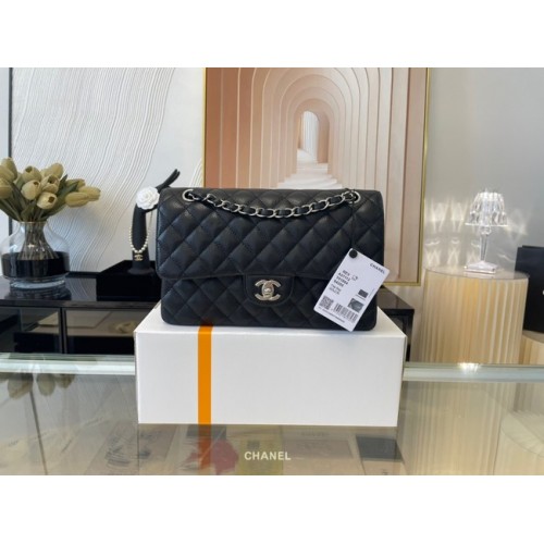 Bolso clásico Chanel Piel de becerro granulada y metal plateado 01112 negro