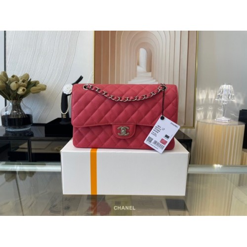 Bolso clásico Chanel Piel de becerro granulada y metal plateado 01112 rojo