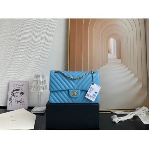 Bolso clásico Chanel Cordero oro Metal V01112 azul cielo