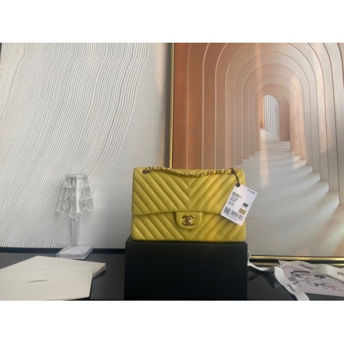 Chanel clásico bolso Lambskin oro Metal V01112 amarillo