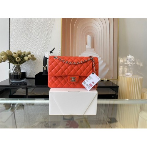 Chanel clásico bolso Lambskin&silver Metal 01112 naranja