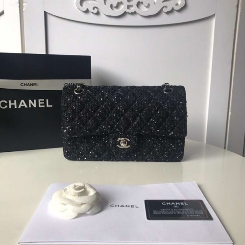 Chanel bolso clásico Tweed Trenza Metal plateado A01112-2