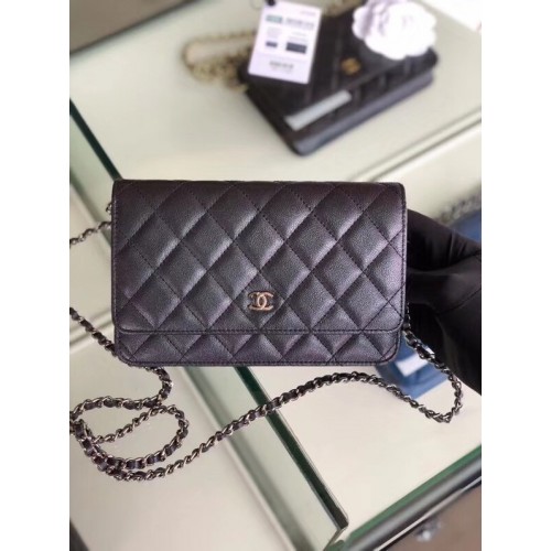 Cartera clásica Chanel con cadena Piel de becerro granulada Metal plateado 33814 Negro nacarado
