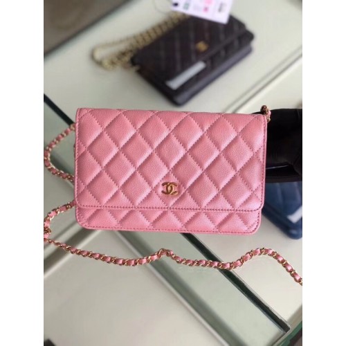 Cartera clásica Chanel con cadena Piel de becerro granulada Metal dorado 33814 Rosa nacarado