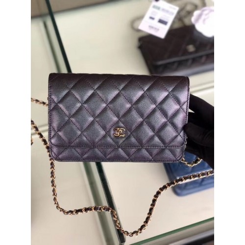 Cartera clásica Chanel con cadena Piel de becerro granulada Metal dorado 33814 Negro nacarado