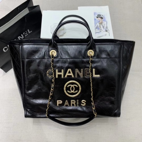 Bolso de compras de cuero de vaca Chanel A66942 negro