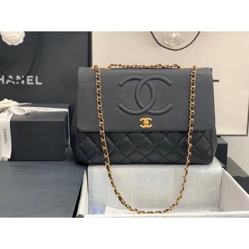 Bolso con solapa Chanel Piel de becerro granulada Metal dorado A92233 negro