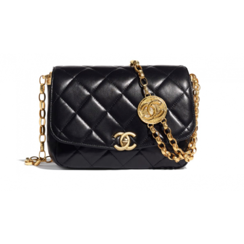 Bolso con solapa Chanel Piel de cordero Metal dorado AS2222 negro