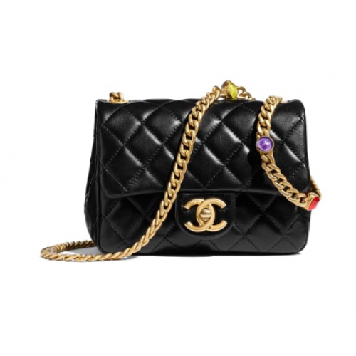 Bolso con solapa Chanel Piel de cordero Resina Metal dorado AS2379 Negro