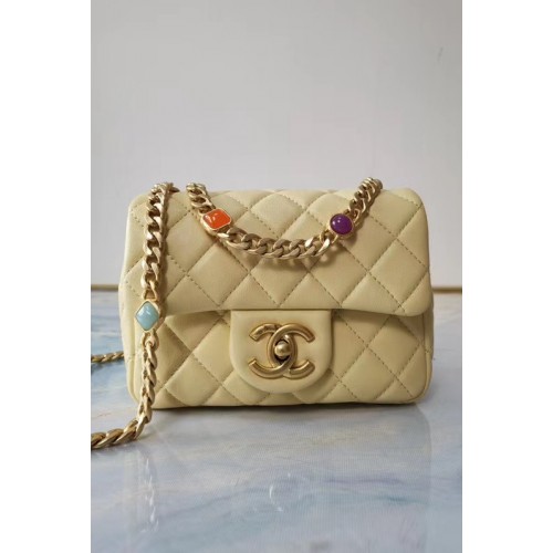 Bolso con solapa Chanel Piel de cordero Resina Metal dorado AS2379 Amarillo