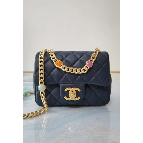 Bolso con solapa Chanel Piel de cordero Resina Metal dorado AS2379 azul oscuro