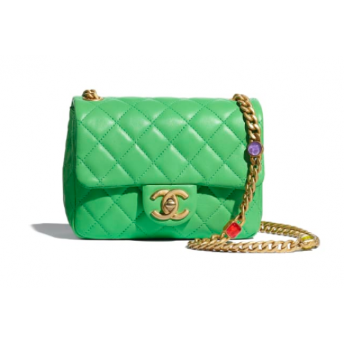 Bolso con solapa Chanel Piel de cordero Resina Metal dorado AS2379 verde