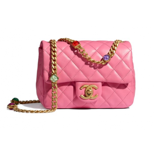 Bolso con solapa Chanel Piel de cordero Resina Metal dorado AS2379 Rosa