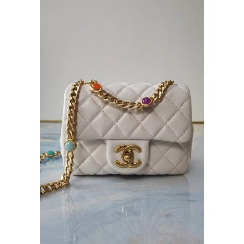 Bolso con solapa Chanel Piel de cordero Resina Metal dorado AS2379 blanco