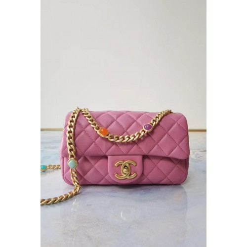 Bolso con solapa Chanel Piel de cordero Resina Metal dorado AS2380 Rosa